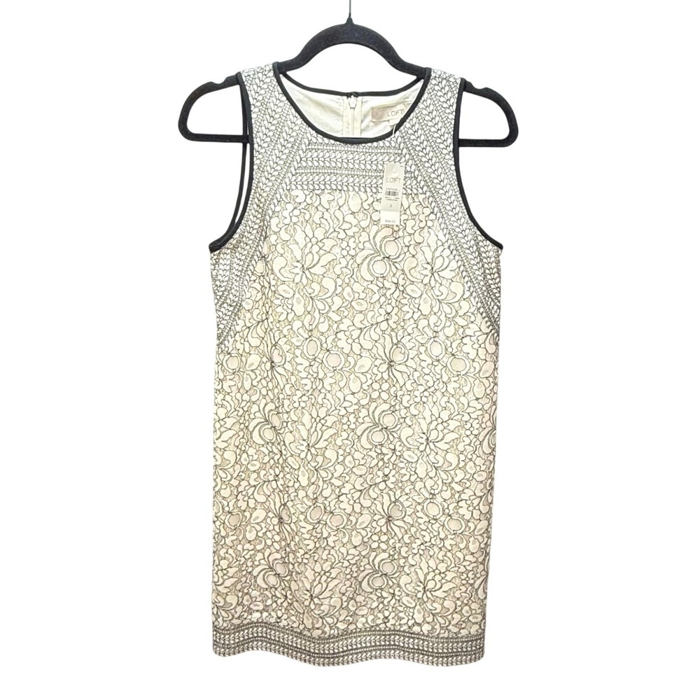 Loft Lace Shift Dress 2 Cream Black Sleeveless Floral‎ Overlay Career Party NWT